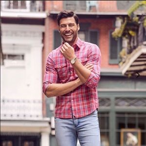 Untuckit red plaid button down shirt